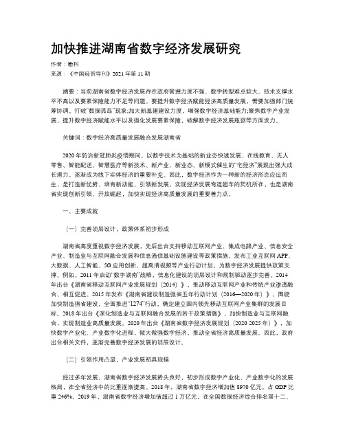 加快推进湖南省数字经济发展研究