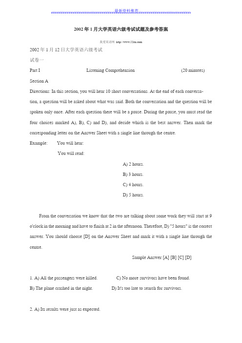 2002年1月大学英语六级考试试题及参考答案