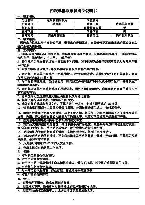 内跟单部跟单员岗位说明书