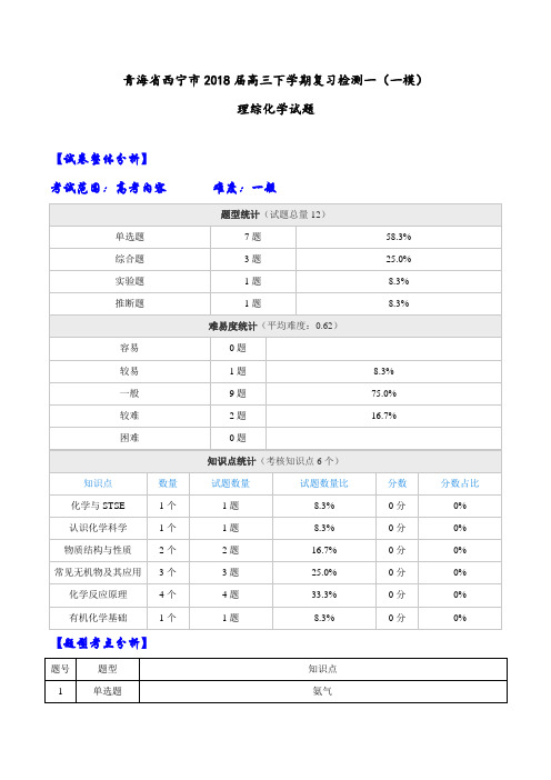 【全国大联考】【青海(新课标Ⅱ)】青海省西宁市2018届高三下学期复习检测一(一模)理综化学试题