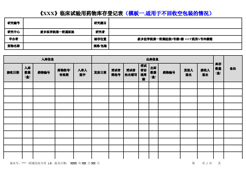 临床试验用药物库存登记表(模板一,适用于不回收空包装的情况)