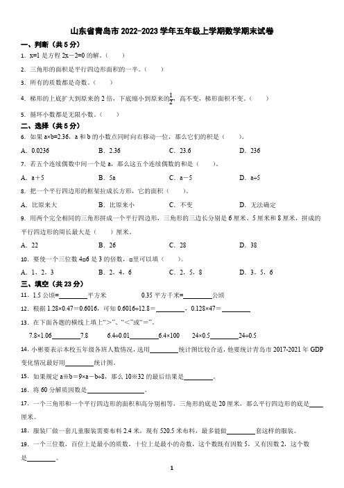 山东省青岛市2022-2023学年五年级上学期数学期末试卷(含答案)2