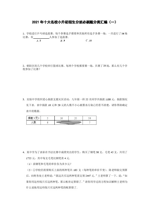 六年级下册数学试题   2021年十大名校小升初招生分班必刷题分类汇编(一)无答案  人教版