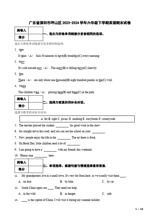 广东省深圳市坪山区2023-2024学年六年级下学期英语期末试卷  附解析