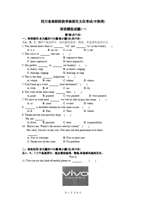 四川省高职院校单独招生文化考试(中职类英语)