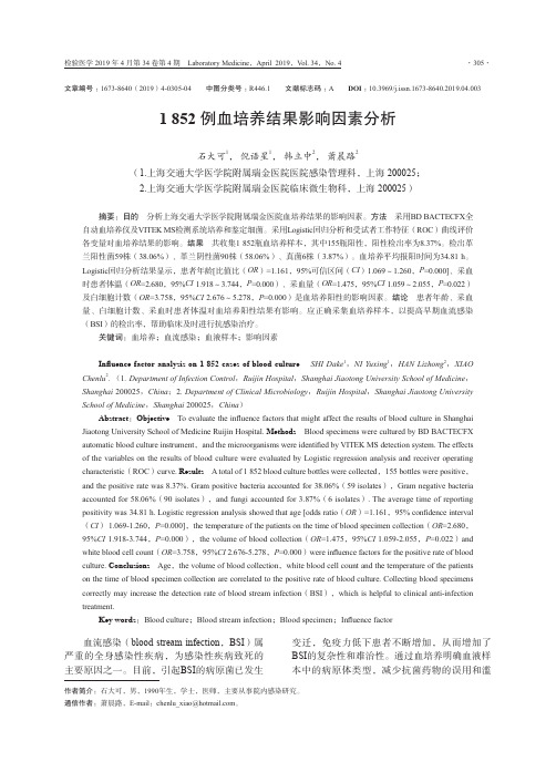 1852例血培养结果影响因素分析