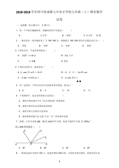 2018-2019学年四川省成都七中育才学校七年级(上)期末数学试卷(解析版)