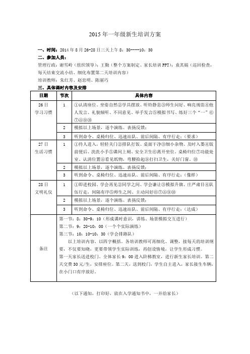 2015年一年级新生培训方案