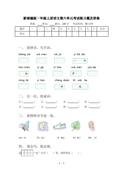 新部编版一年级上册语文第六单元考试练习题及答案