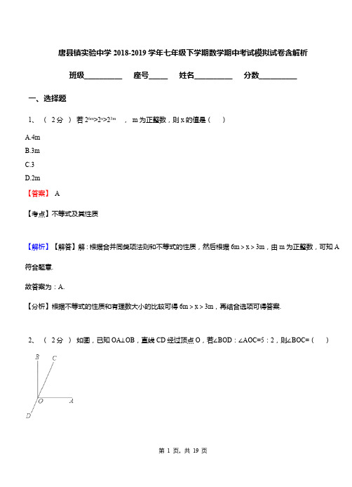 唐县镇实验中学2018-2019学年七年级下学期数学期中考试模拟试卷含解析