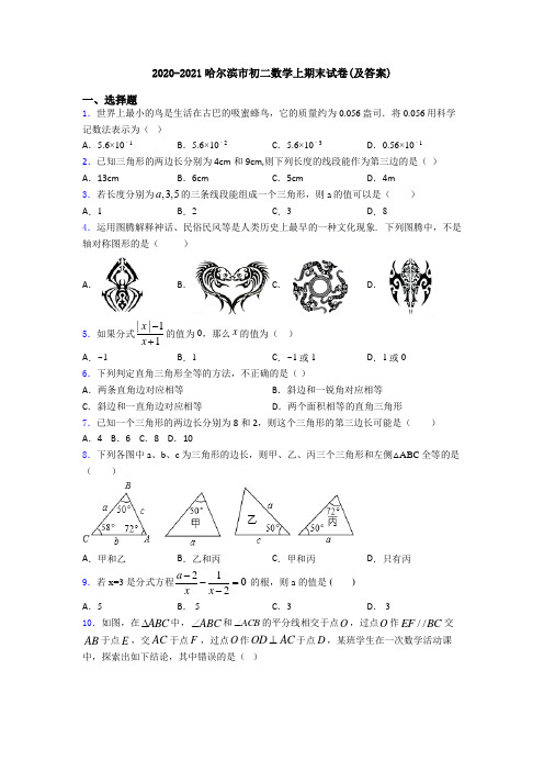 2020-2021哈尔滨市初二数学上期末试卷(及答案)