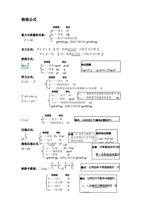 中考 物理公式大全