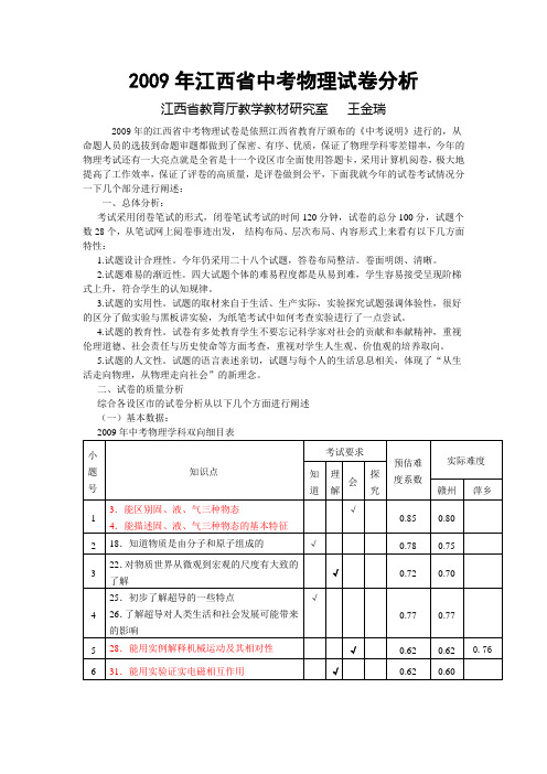 2009年江西省中考物理试卷分析