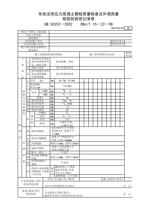 先张法预应力混凝土管桩质量检查及外观质量 检验批验收记录表