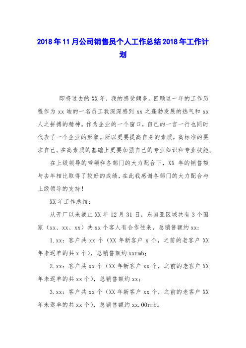 2018年11月公司销售员个人工作总结2018年工作计划