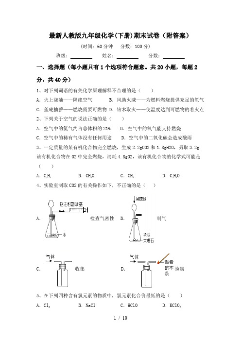 最新人教版九年级化学(下册)期末试卷(附答案)