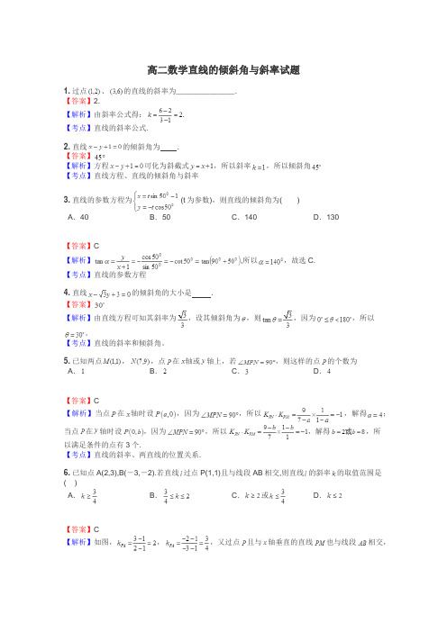 高二数学直线的倾斜角与斜率试题
