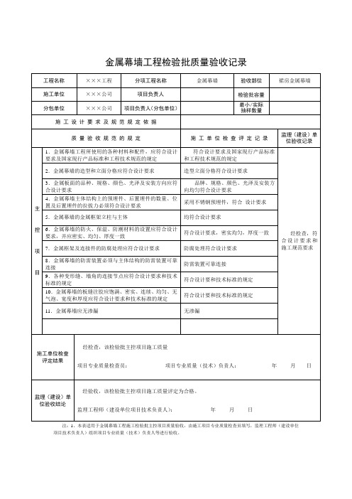 金属幕墙工程检验批质量验收记录