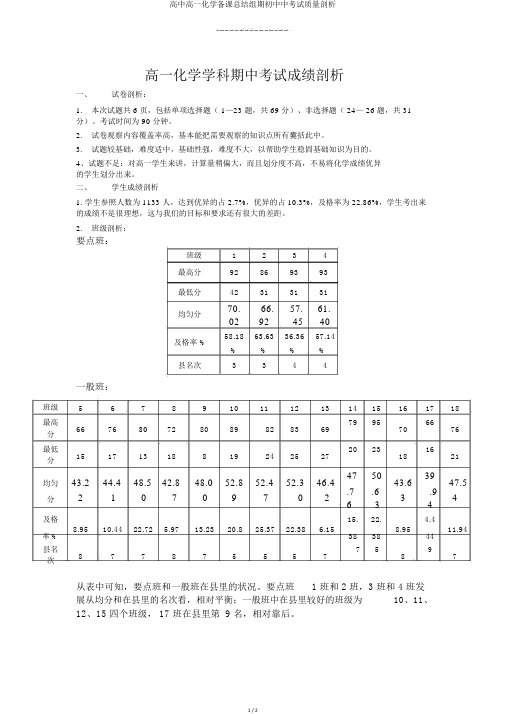 高中高一化学备课总结组期初中中考试质量分析