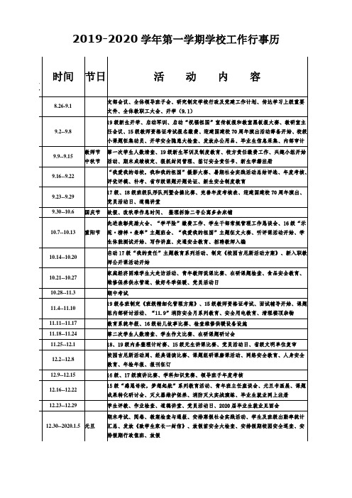 2019-2020学年第一学期学校工作行事历