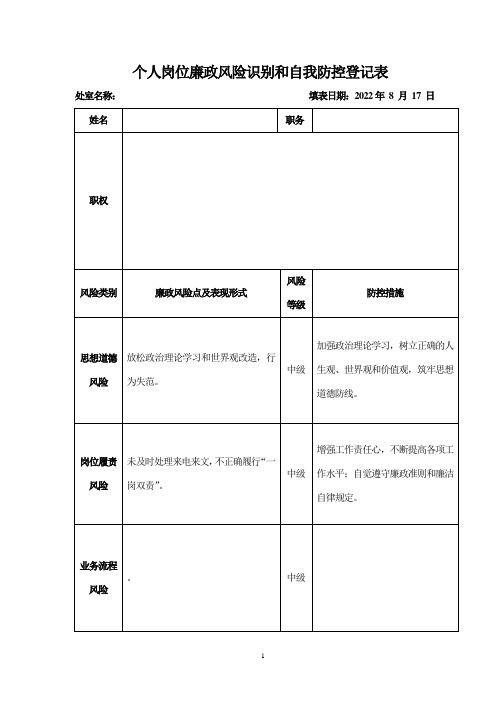 个人岗位廉洁风险防控登记表模板