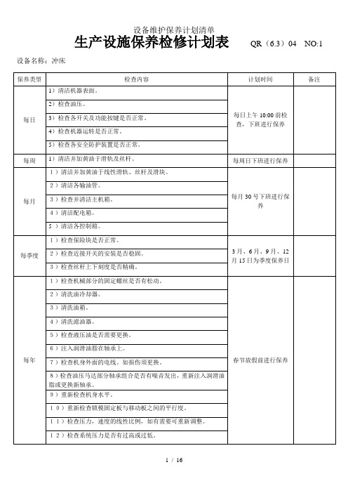 设备维护保养计划清单