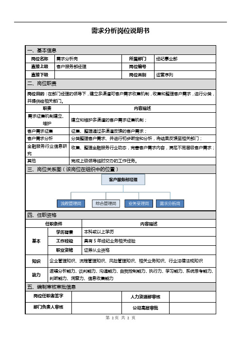 证券公司需求分析岗位说明书