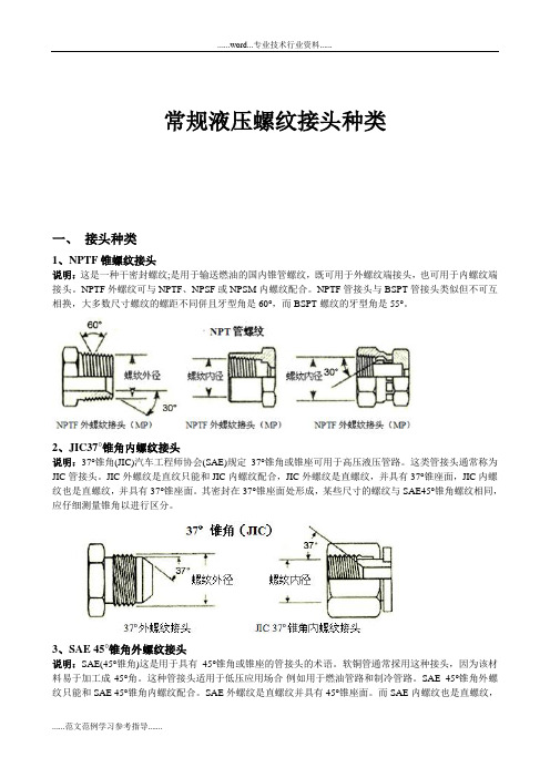 常规液压螺纹接头种类