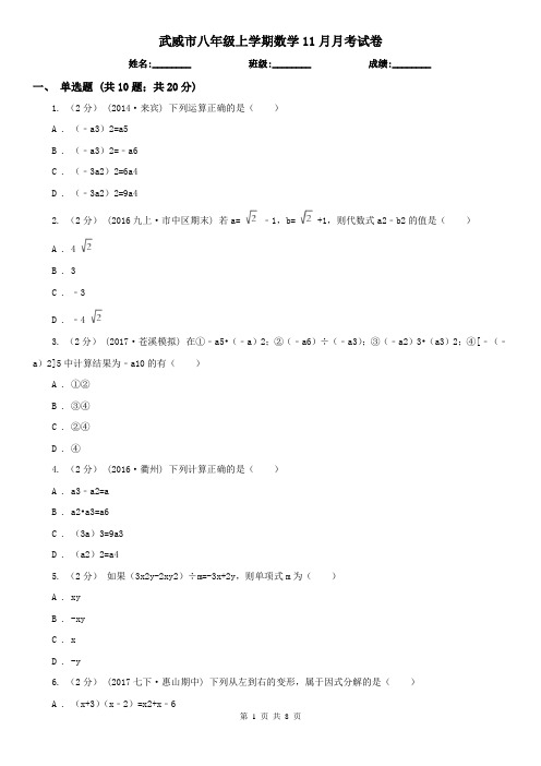 武威市八年级上学期数学11月月考试卷