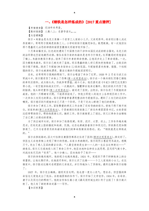 中考语文试题研究 第二部分 阅读 专题十一 附加题——推荐名著阅读 一《钢铁是怎样炼成的》