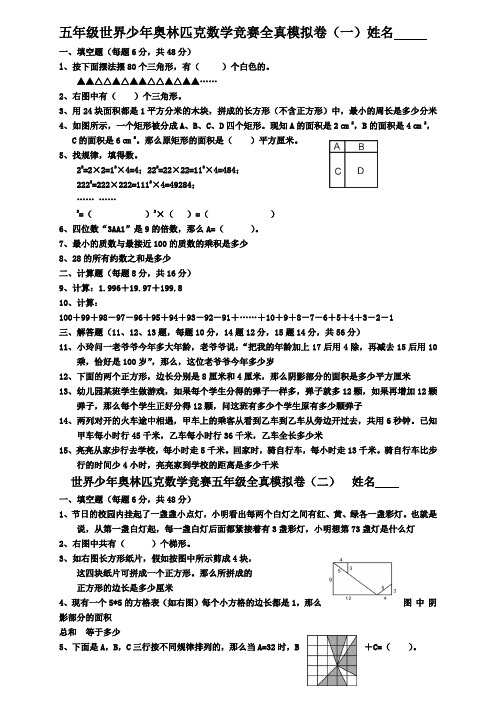 世界少年奥林匹克数学竞赛全真模拟卷及答案五年级