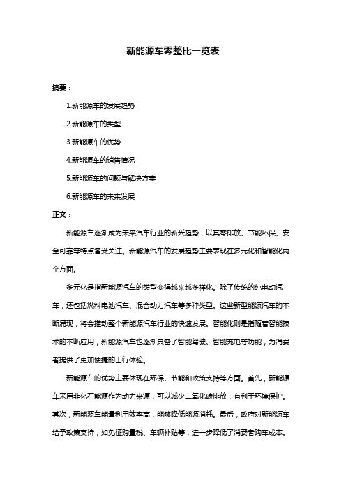 新能源车零整比一览表