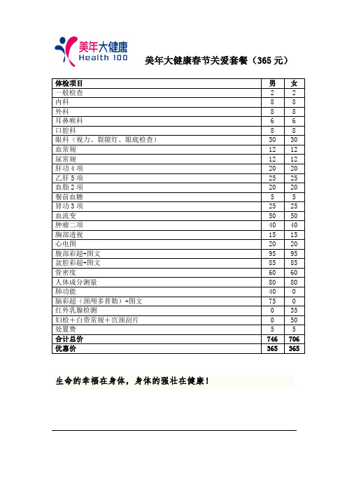 美年大体检项目表格