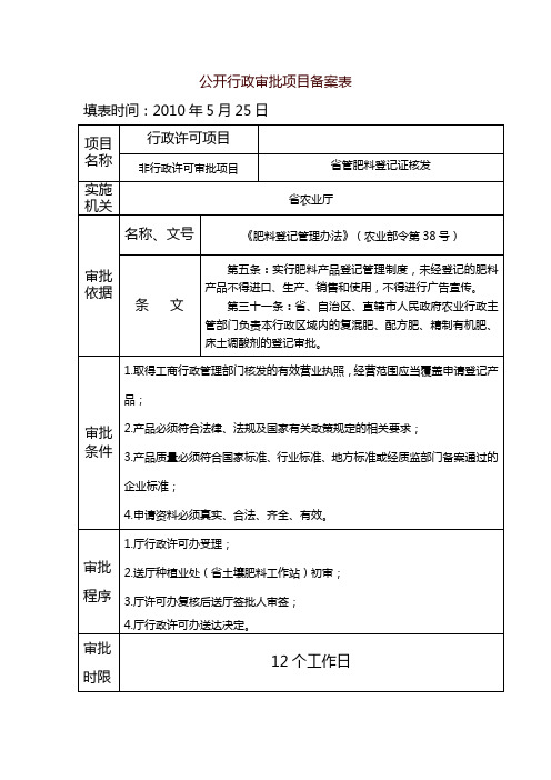 公开行政审批项目备案表