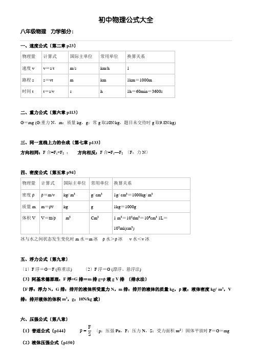 初中物理公式(沪科版)