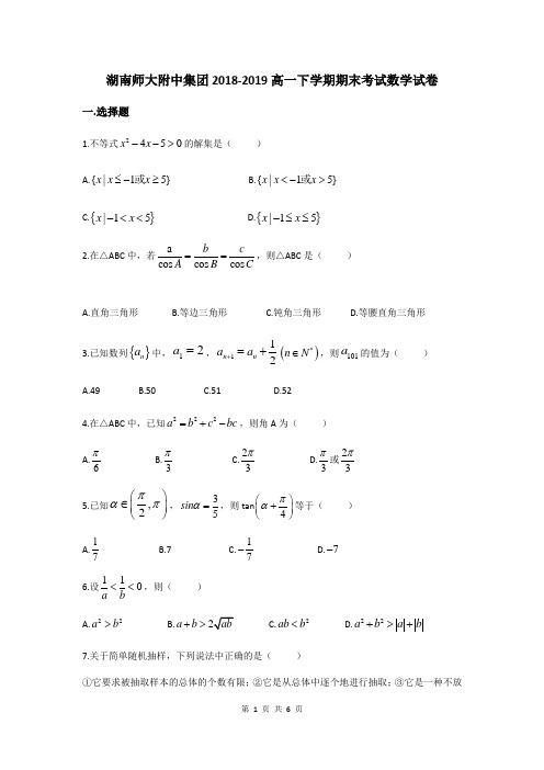 湖南省长沙市师大附中集团2018-2019高一下学期期末考试数学试卷(无答案)