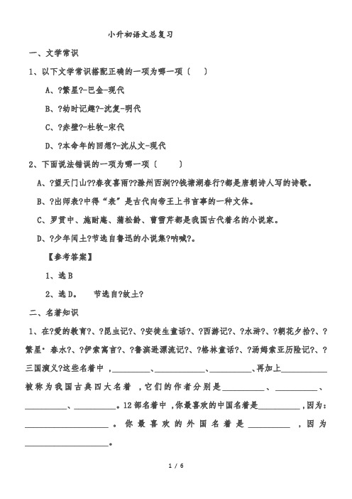 人教新课标六年级下册语文总复习文学常识,名著等练习附答案