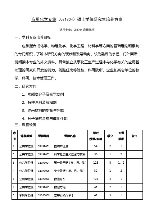 应用化学专业081704硕士学位研究生培养方案