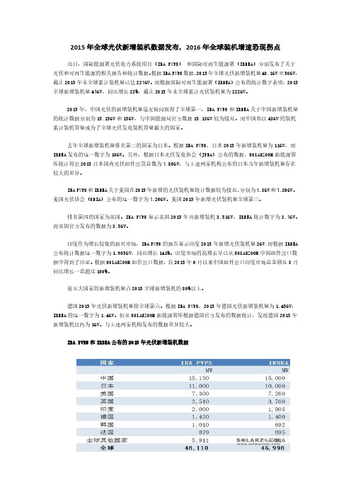 2015年全球光伏新增装机数据发布,2016年全球装机增速恐现拐点