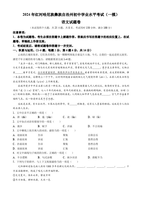 2024年云南省红河哈尼族彝族自治州中考一模语文试题 