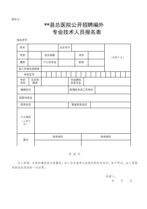 XX县总医院公开招聘编外专业技术人员报名表【模板】