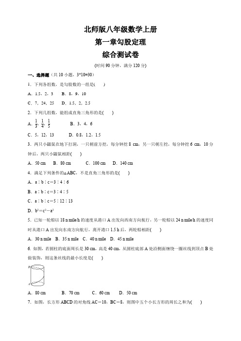 北师大版八年级数学上册 第一章勾股定理  综合测试卷