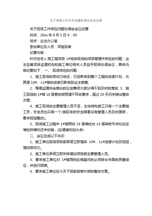 关于现场工作存在问题协调会会议纪要_会议纪要_