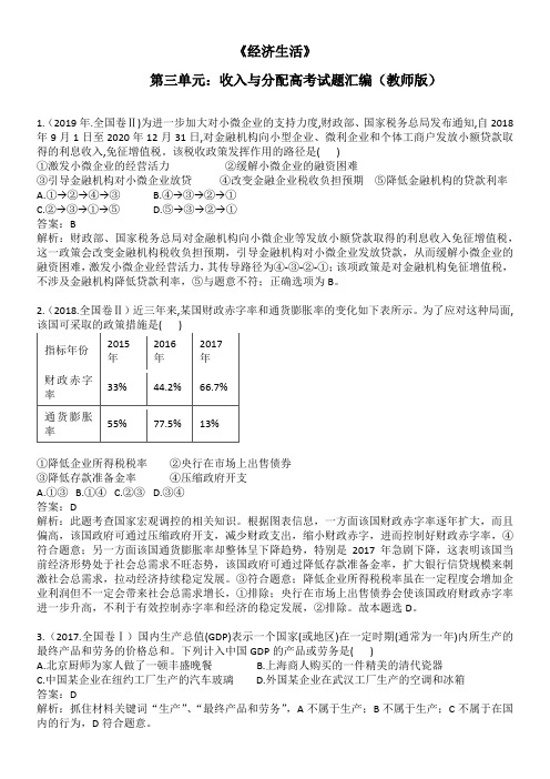 经济生活第三单元2015-2019高考试题汇编.教师版