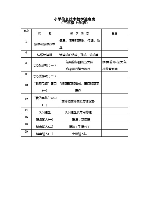 小学信息技术教学进度表