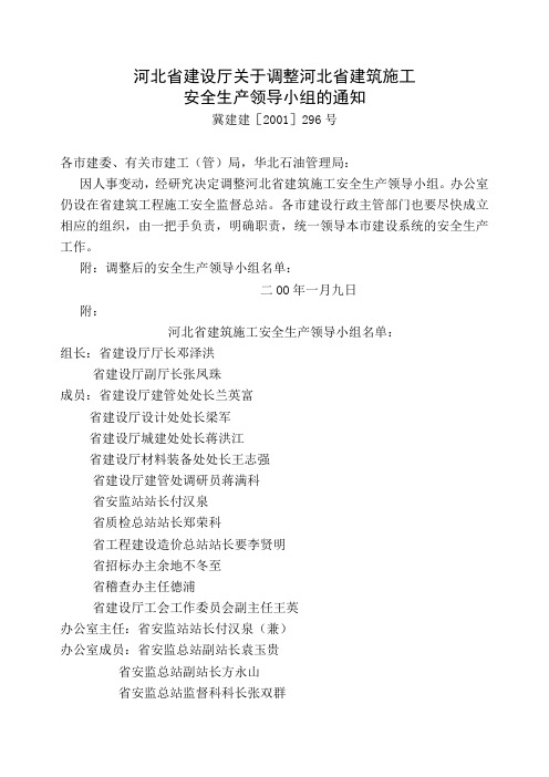 102河北省建设厅关于调整河北省建筑施工安全生产领导小组的通知