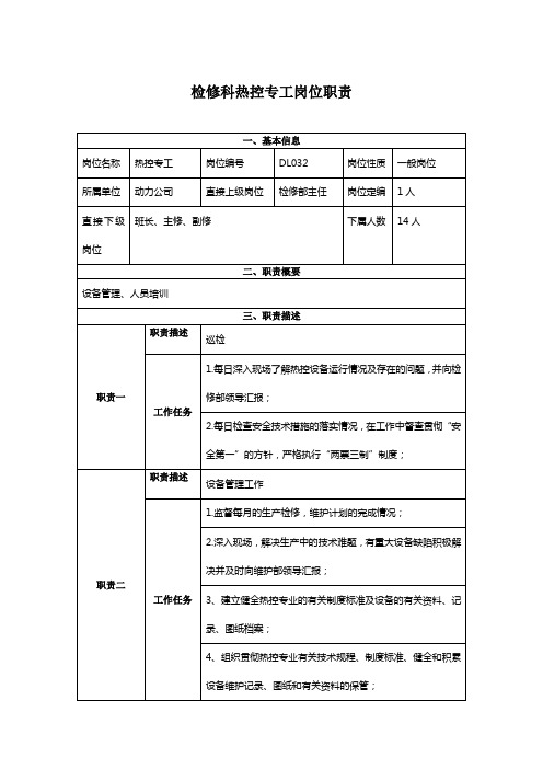 热控专工岗位职责