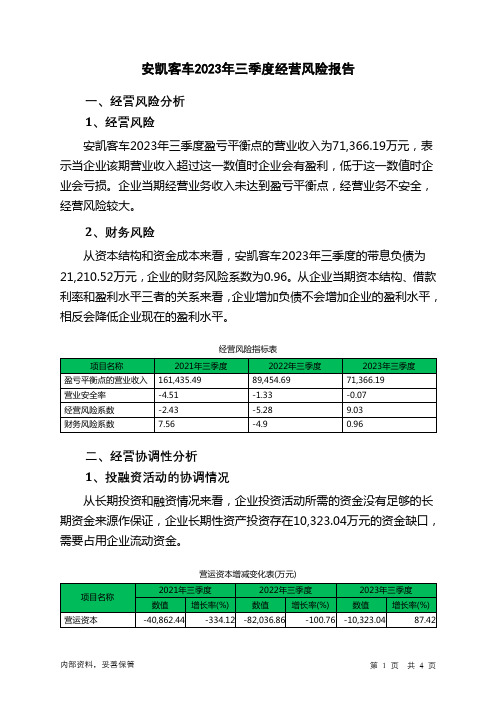 000868安凯客车2023年三季度经营风险报告