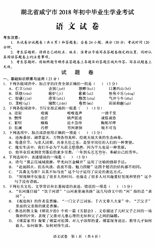 湖北省咸宁市2018年中考语文真题试题(pdf,含答案)