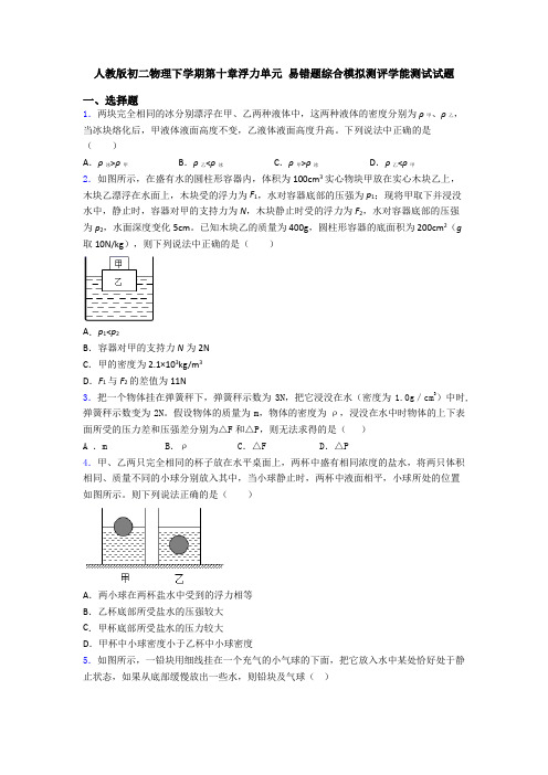 人教版初二物理下学期第十章浮力单元 易错题综合模拟测评学能测试试题